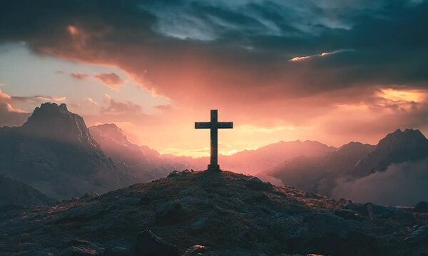 Jesus Christ cross. Easter, resurrection concept. Christian cross on a background with dramatic lighting, colorful mountain sunset, dark clouds and sky and sunbeams