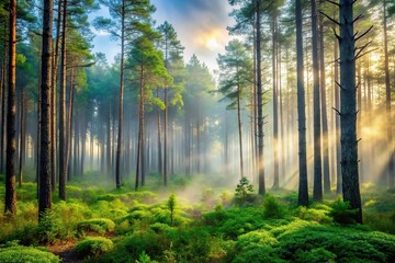 Obraz premium Mists rising from the forest floor amidst tall trees and underbrush, forest, atmosphere, ambiance, serene