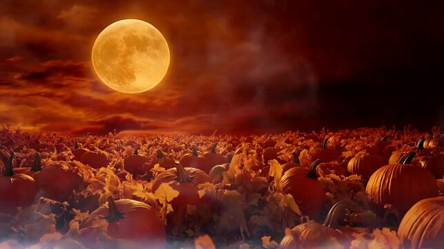 A glowing pumpkin patch under the Halloween moon. Seamless looping time-lapse virtual 4k video animation background