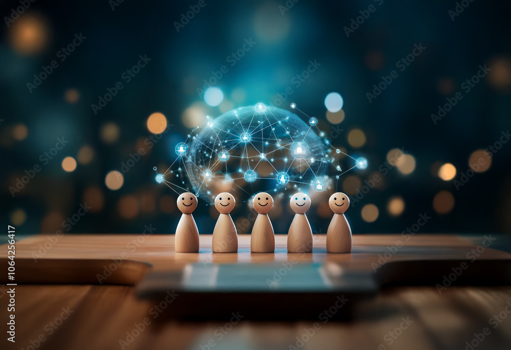 Poster a group of wooden figures stand in front of a glowing sphere with a network of lines. the sphere rep