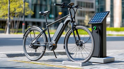 Obraz premium A sleek electric bike parked next to a charging station in a modern urban environment, showcasing eco-friendly transportation options.