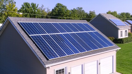 Fototapeta premium A house with solar panels installed on the roof, showcasing a modern approach to renewable energy and sustainability in residential living.