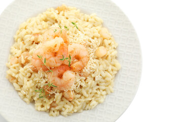 Delicious risotto with shrimps and cheese isolated on white, top view