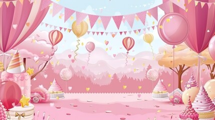 Birthday party pink happy celebrating scene background creates a joyous and festive atmosphere. A delightful display of celebration and color