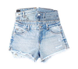 Stylish light blue denim shorts isolated on white, top view