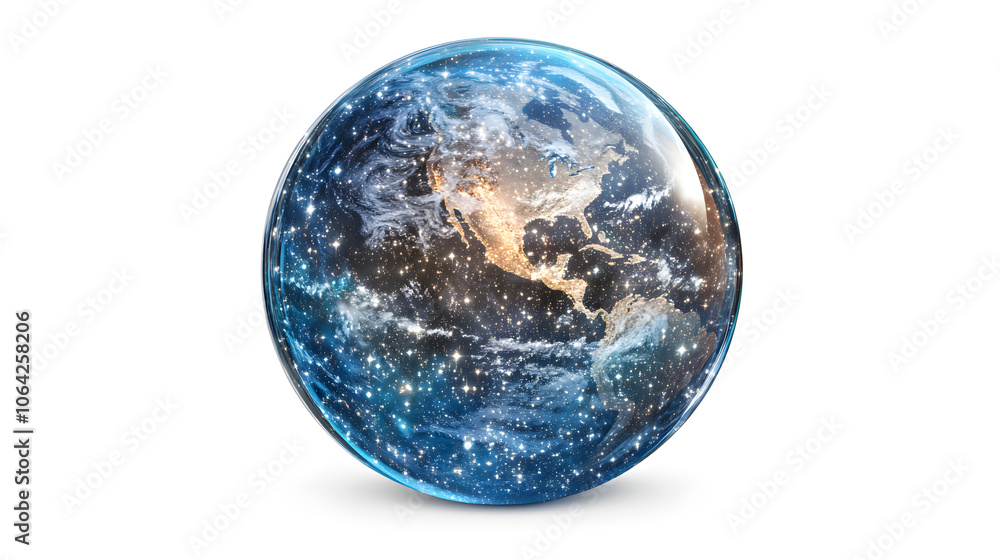 Poster a detailed globe inside a translucent, bubble-like shape, with stars twinkling both inside and outsi
