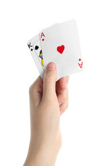 Poker game. Woman holding playing cards on white background, closeup