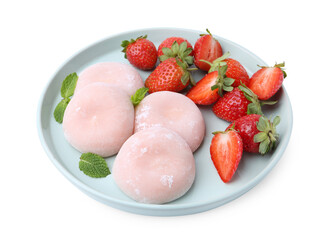 Delicious mochi, strawberries and mint isolated on white