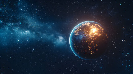 A detailed globe softly glowing, with the Milky Way and scattered stars in the background