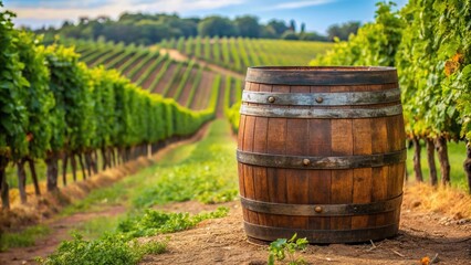 Obraz premium Old wooden wine barrel with a rusty lid sitting on the ground in a vineyard landscape surrounded by rows of grapevines and lush greenery, farm, rustic landscape, winemaking, rural scene
