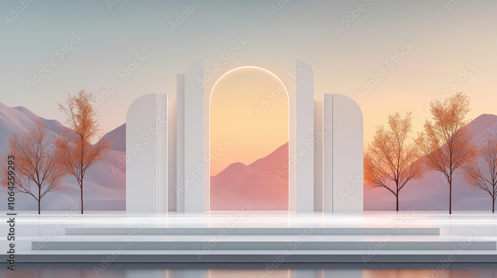 Aufkleber abstract white background with minimalistic arches and glowing light in the middle. background for p