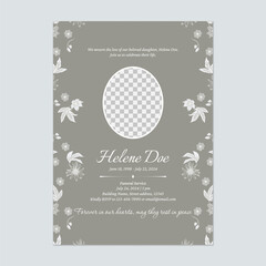Floral funeral invitation template features a white floral border on each side on a grey background conveying a sense of respect and solemnity
