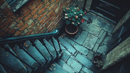 Old Brick Wall Staircase With Flowers and Stone Pathway