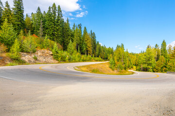 A mountainside hairpin corner switchback on Schweitzer mountain in the Selkirk Mountains of...