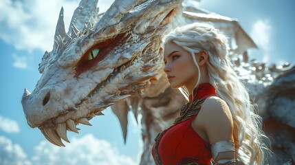 Warrior princess and majestic creature dragon companion, 3d creative degital art illustration cartoon. Fantasy landscape background, mysterious sorceress fairy tale of magical adventure.