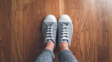 Top view selfie of feet in stylish sneakers on a wooden floor with space for text emphasizing public distancing