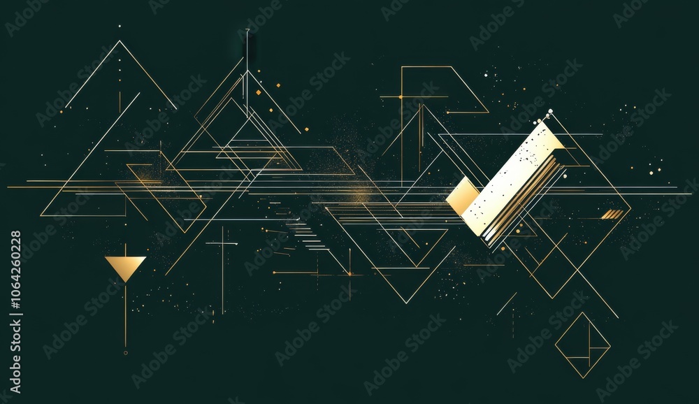 Poster geometric line art on a dark green background, featuring simple triangles and lines in gold and whit