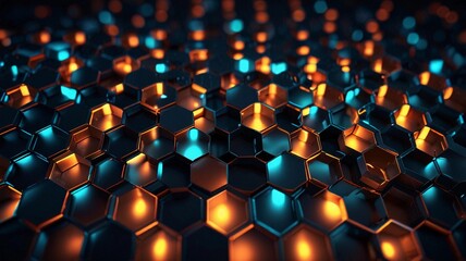 Fototapeta premium Dark background with a gold hexagon pattern, a luxury-style banner design