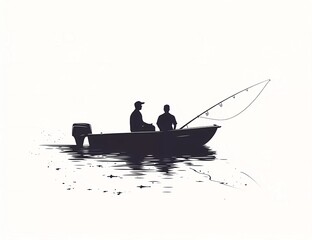 Fishing person in a boat with a friend, vector black silhouette on a white background, simple design