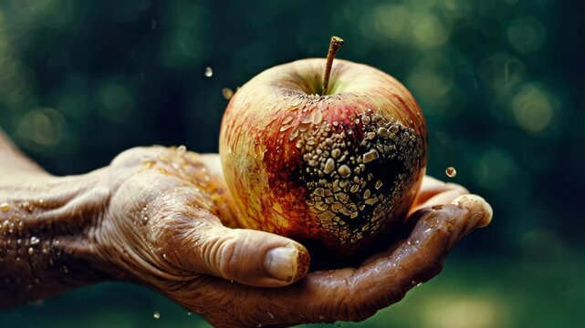 Hands Holding Rotten Apple with Decay in Nature