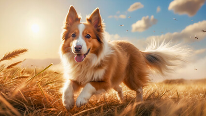 AI-generated image of a cute Shetland sheepdog puppy running in a golden field