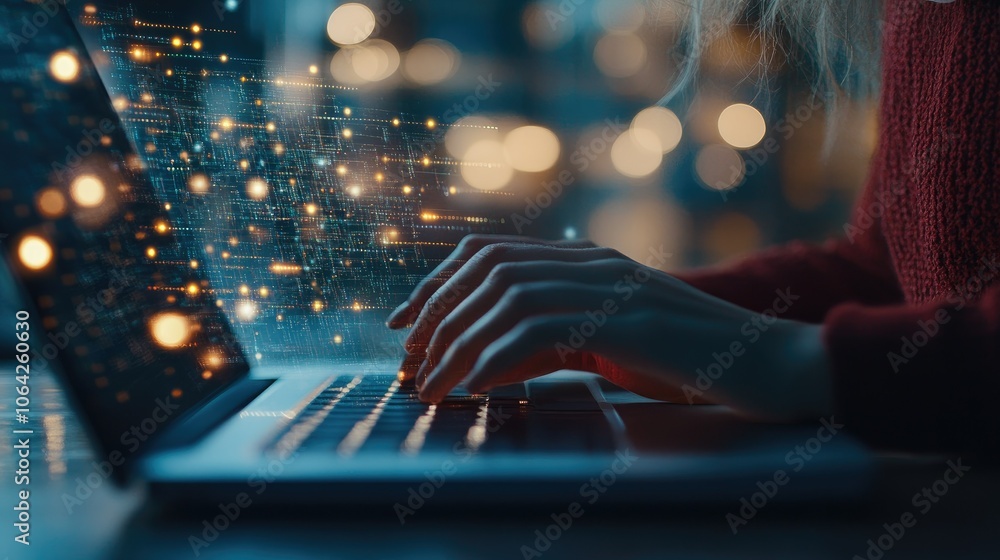 Poster Business professional reviewing evaluation metrics on a laptop with digital graphics representing network technology.