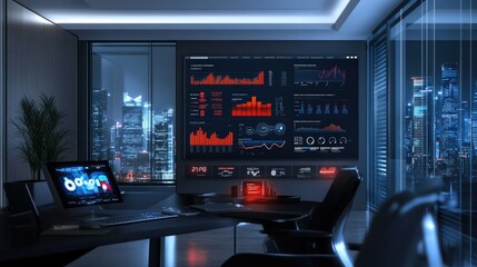 Obraz premium Business dashboard displaying analytics and metrics for evaluation, set in a modern office with digital icons.