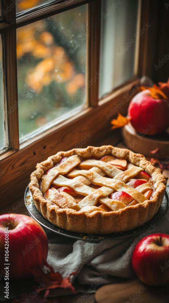 Poster a pie with apples on top of it is sitting on a plate. the pie is surrounded by apples and a leaf