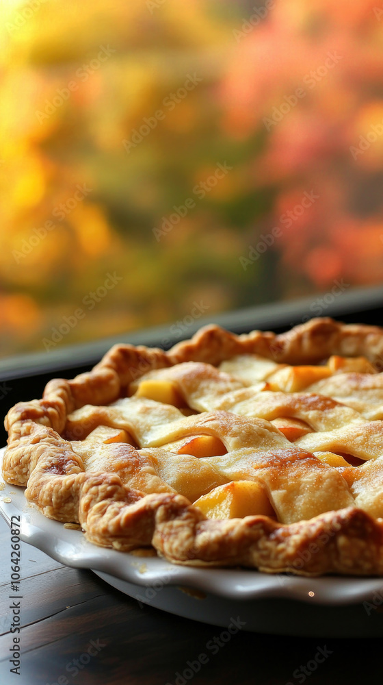 Aufkleber a pie with a lattice crust sits on a table. the pie is made of apples and has a golden crust. the pi