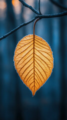 A leaf is hanging from a tree branch. The leaf is yellow and has a frosty look to it. The image has a serene and peaceful mood, as it captures a moment of nature in the fall