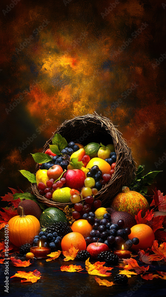 Poster a basket of fruit is displayed on a table with a fall background. the basket is filled with apples, 