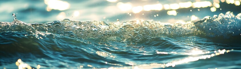 Close-up of Rippling Water with Sunlight Reflections and Air Bubbles
