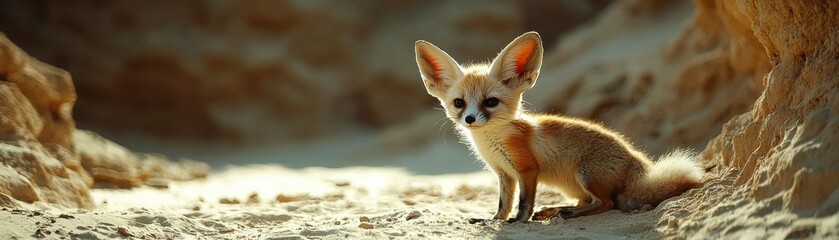 Obraz premium A small desert fox sitting in a sandy area with large ears and a soft fur coat.
