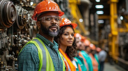 Diverse Team of Industrial Workers in Safety Gear and Hard Hats
