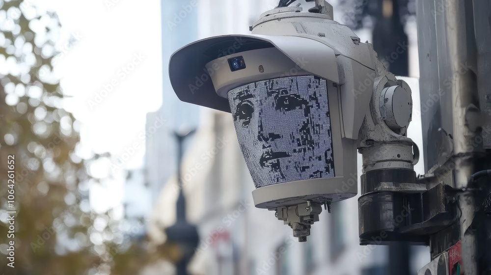 Poster high-tech surveillance camera with facial recognition software, monitoring urban area for threats an