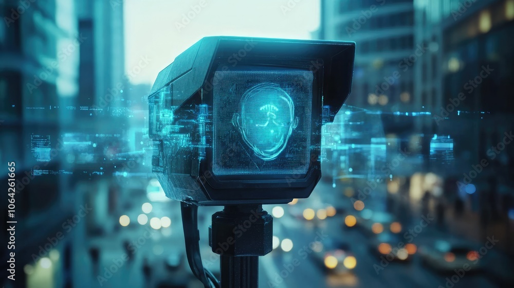 Poster high-tech surveillance camera with facial recognition software, monitoring urban area for threats an