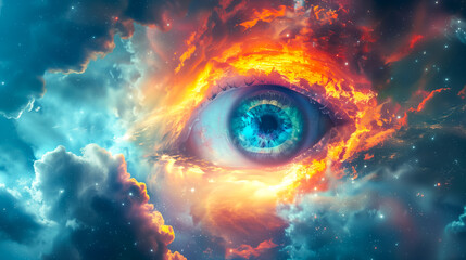 Fototapeta premium Close-up of a human eye with vibrant colors and expressive detail, surrounded by an abstract digital fantasy background, creating a surreal and captivating visual effect.