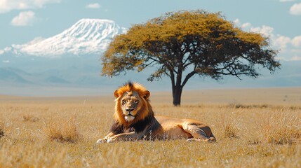Fototapeta premium Majestic Lion Resting in African Savanna with Mountain Background