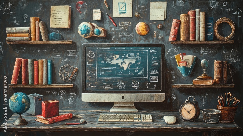Aufkleber Online education course with virtual classroom on computer screen, surrounded by icons of internet tech and books.