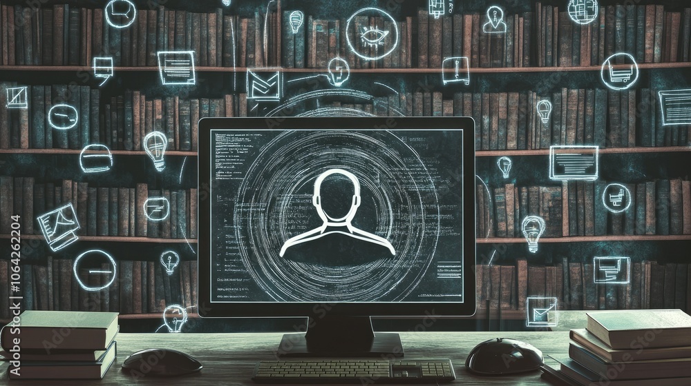 Poster Online education course with virtual classroom on computer screen, surrounded by icons of internet tech and books.