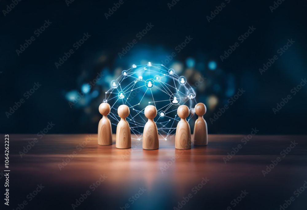 Poster wooden figures surround a glowing sphere connected by lines representing a network.