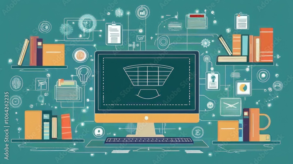 Aufkleber Online education course with virtual classroom on computer screen, surrounded by icons of internet tech and books.
