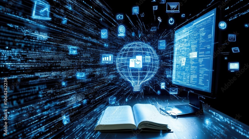 Aufkleber Online education course with virtual classroom on computer screen, surrounded by icons of internet tech and books.