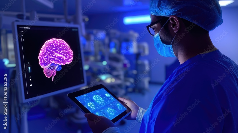 Poster Side view of a doctor in scrubs holding a tablet with a detailed brain hologram, exploring cognitive functions.