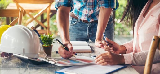 Banner construction business plan deconstruction team consulting partnership. Banner Construction engineer teamwork Safety Suit Trust Team implement honest planning engineering Site with copy space