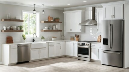 Spacious, well-lit kitchen with white cabinets, silver refrigerator, and open shelving for a fresh, modern feel.