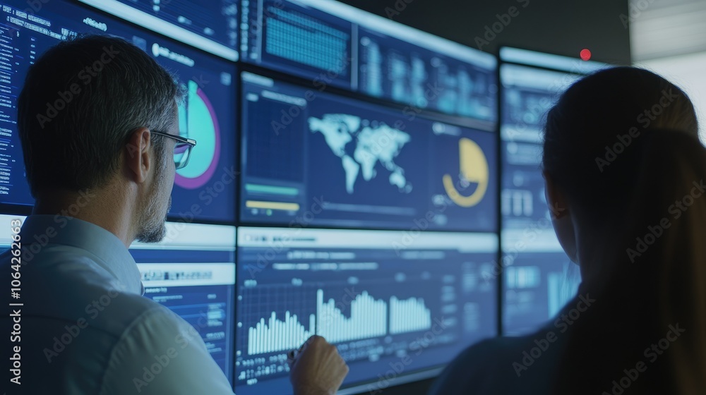 Poster team reviewing business technology metrics on digital screens, with network symbols representing con