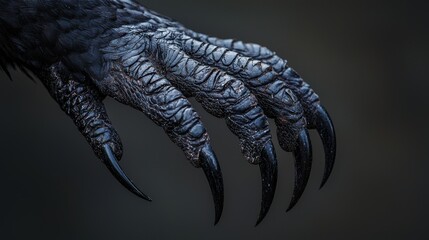 Close-up of a raven's claw showcasing its sharp talons and textured skin against a dark background.
