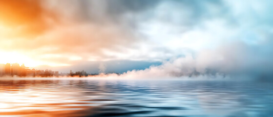 Obraz premium City river visibility reduced by pollution and foggy conditions