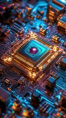Obraz premium Close-up of a vibrant and intricate microchip, showcasing colorful circuitry and luminous components.
